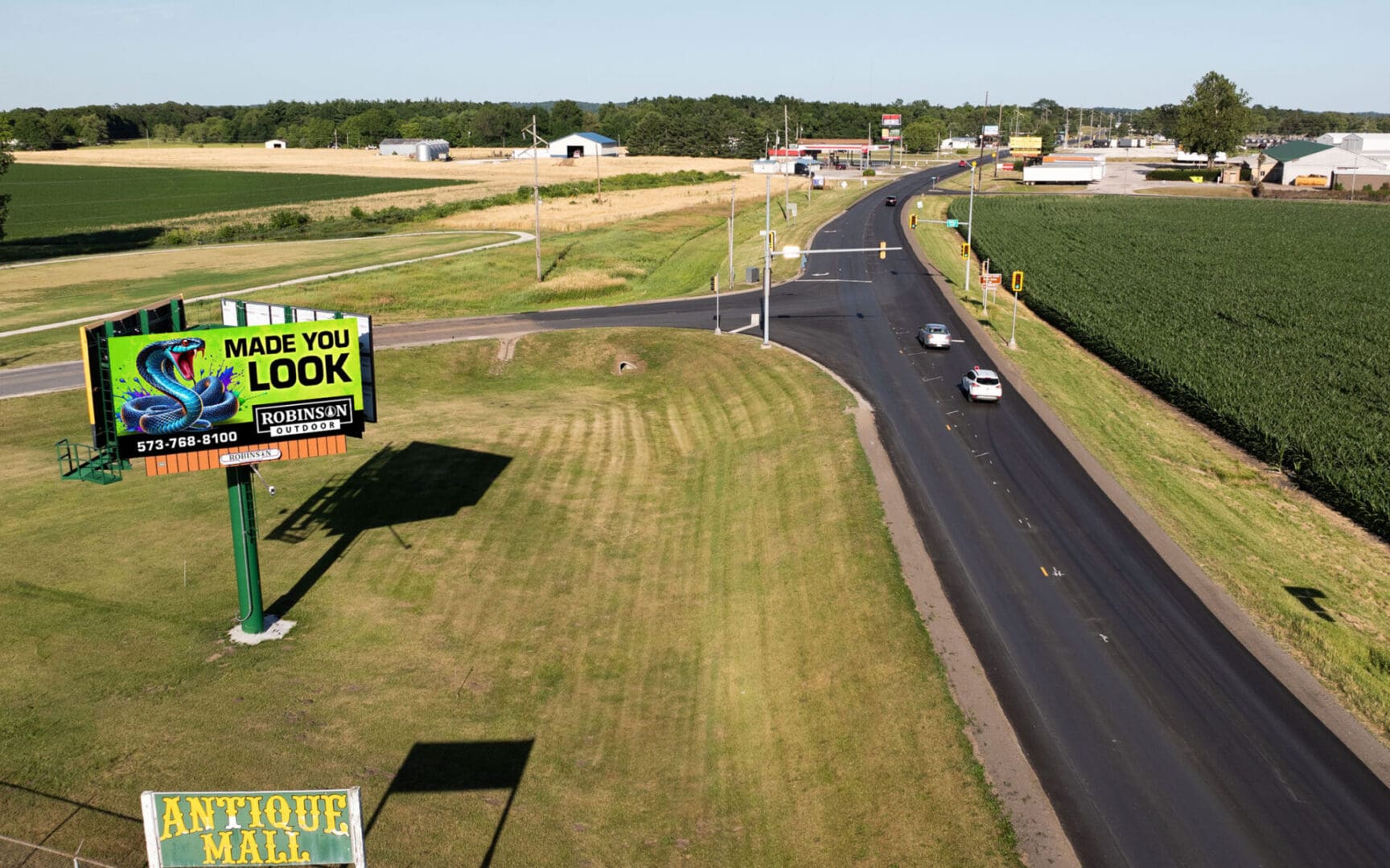 A road with grass and trees on both sides of it.