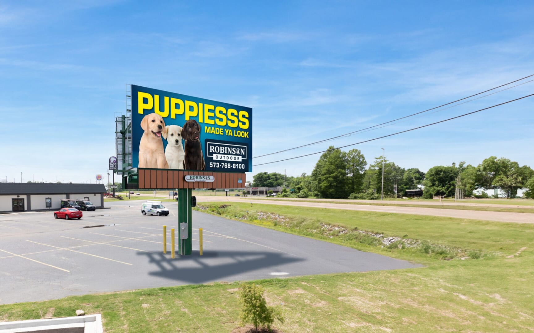 Billboard with puppies in parking lot.